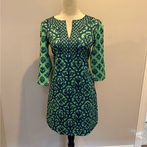 Gretchen Scott sz M dress Green/Navy split neck, perfect cond., Lilly-like